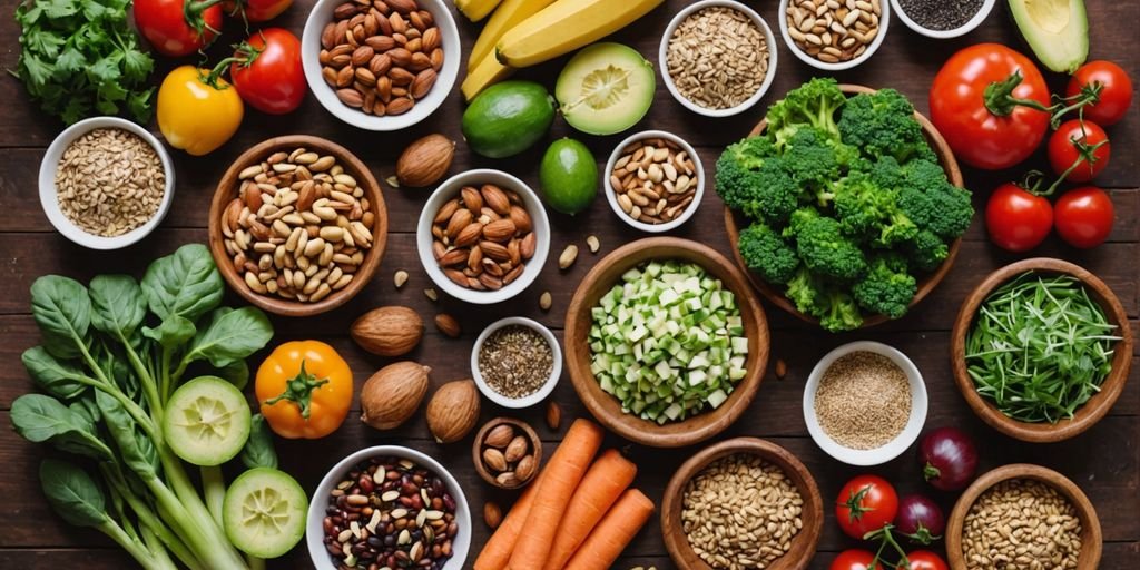 Assorted fresh vegetables, nuts, and seeds on a table.