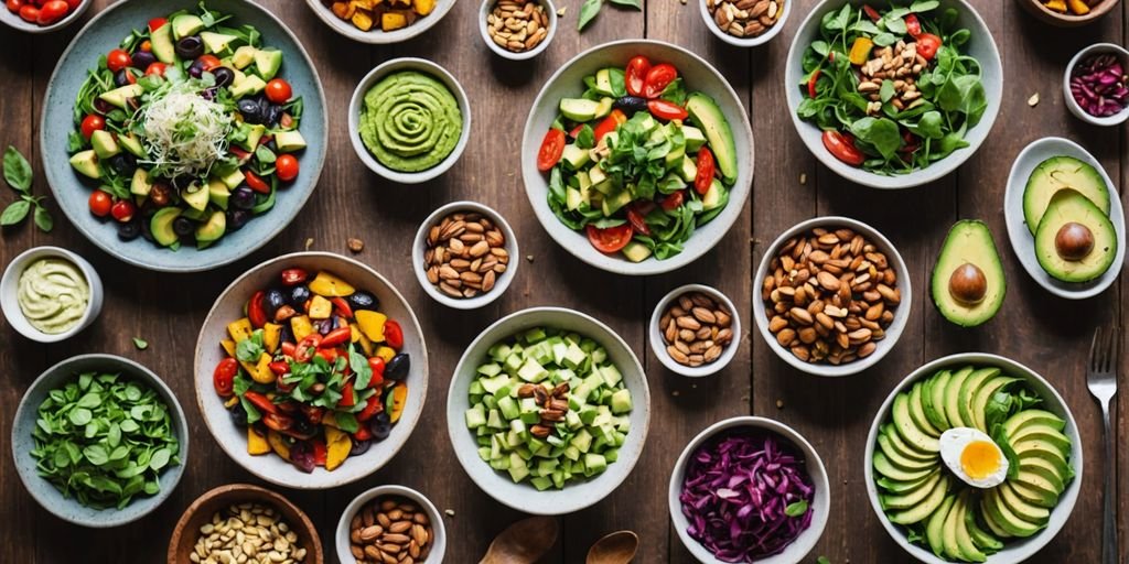 Keto-friendly vegetarian dishes on a wooden table.